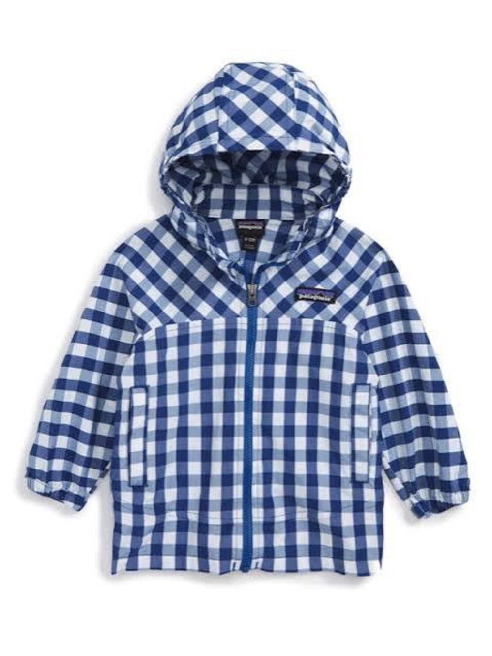 Patagonia Blue and White Gingham Hooded Jacket 12-18 months